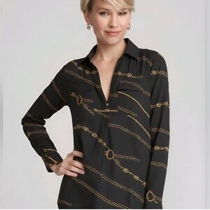 NWOT Ann Taylor Black Blouse with Gold Chain Print